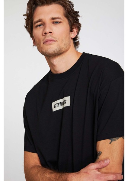Inventıon Erkek %100 Organik Pamuklu Kalın Dokulu Baskı Detaylı Oversize Siyah T-shirt