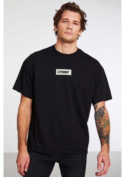 Inventıon Erkek %100 Organik Pamuklu Kalın Dokulu Baskı Detaylı Oversize Siyah T-shirt