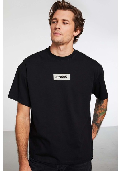 Inventıon Erkek %100 Organik Pamuklu Kalın Dokulu Baskı Detaylı Oversize Siyah T-shirt