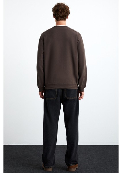 Danko Erkek %100 Pamuk Bisiklet Yaka 3 Iplik Kahverengi Sweatshirt