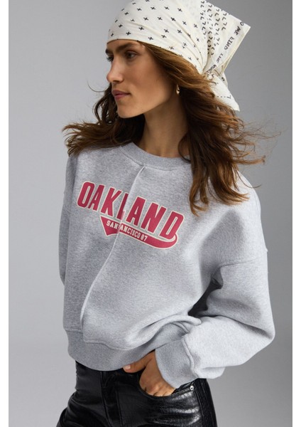 Daleska Kadın Organik Pamuklu Yumuşacık Önü Kesikli Baskılı Yuvarlak Yaka Grimelanj Sweatshirt fiyatları