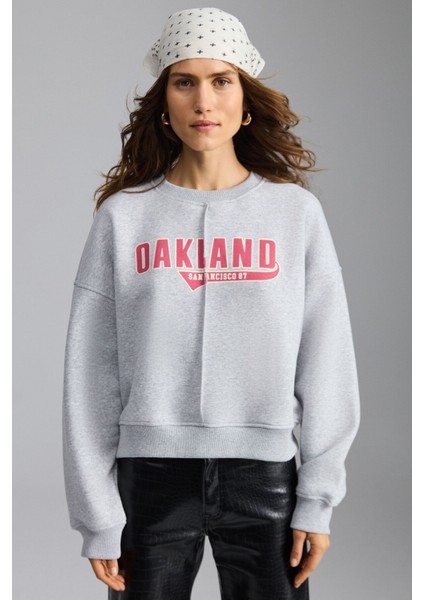 Daleska Kadın Organik Pamuklu Yumuşacık Önü Kesikli Baskılı Yuvarlak Yaka Grimelanj Sweatshirt modelleri