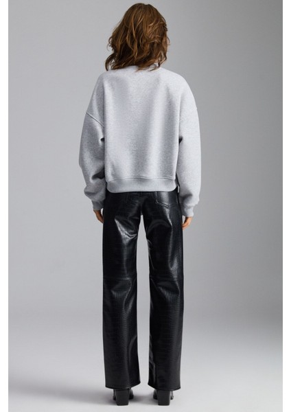 Daleska Kadın Organik Pamuklu Yumuşacık Önü Kesikli Baskılı Yuvarlak Yaka Grimelanj Sweatshirt