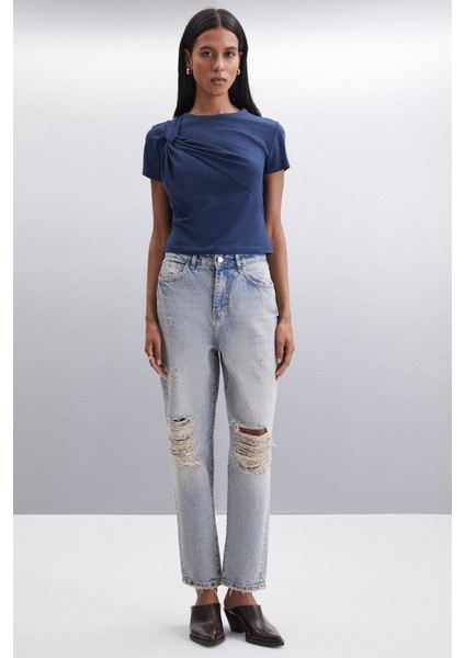 Suada Kadın Jogger Yıkamalı Yırtık Detaylı %100 Pamuk Regular Paça Uzun Boy Mavi Jeans