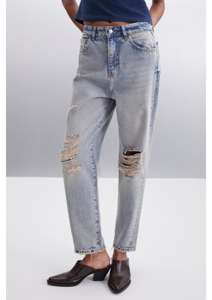 Suada Kadın Jogger Yıkamalı Yırtık Detaylı %100 Pamuk Regular Paça Uzun Boy Mavi Jeans