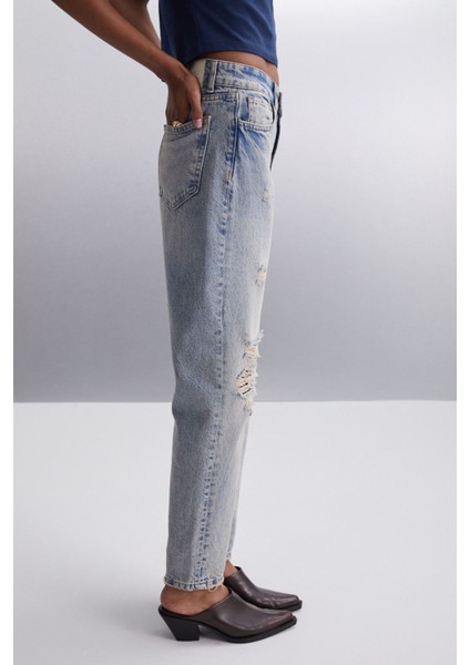 Suada Kadın Jogger Yıkamalı Yırtık Detaylı %100 Pamuk Regular Paça Uzun Boy Mavi Jeans