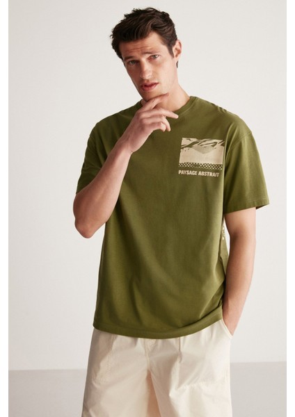 STUART Erkek Oversize Fit %100 Pamuk Kalın Dokulu Baskılı Haki T-Shirt