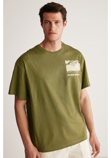 STUART Erkek Oversize Fit %100 Pamuk Kalın Dokulu Baskılı Haki T-Shirt