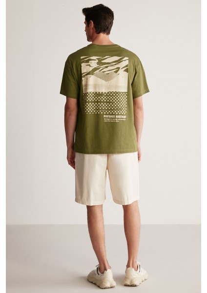 STUART Erkek Oversize Fit %100 Pamuk Kalın Dokulu Baskılı Haki T-Shirt