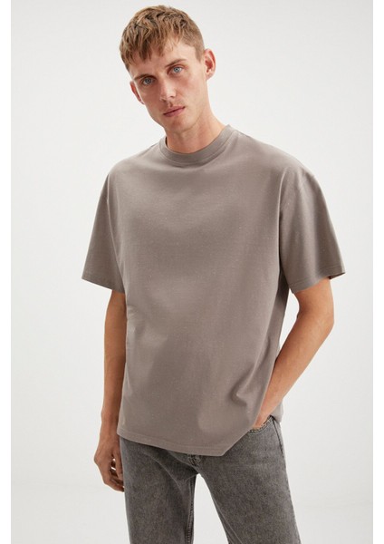 Sterlıng Erkek Oversize Fit Yagmur Damlacıklı Görüntülü Özel Dokulu Vizon T-Shirt
