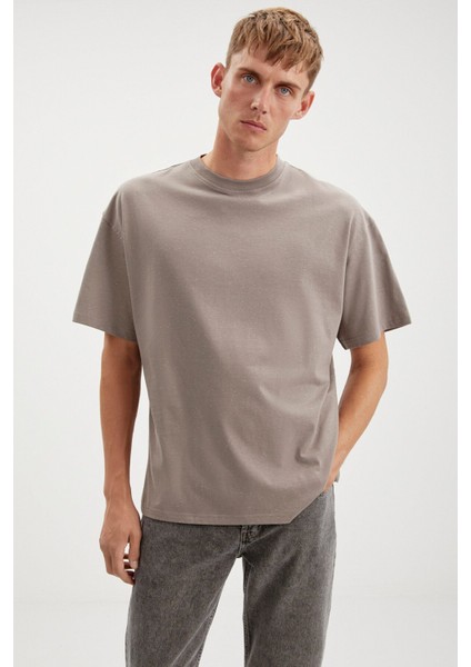 Sterlıng Erkek Oversize Fit Yagmur Damlacıklı Görüntülü Özel Dokulu Vizon T-Shirt modelleri