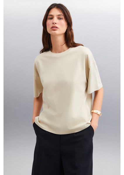 Jemmy Kadın Basic Süprem Dokuma Relaxed %100 Organik Pamuk Bej T-shirt modelleri