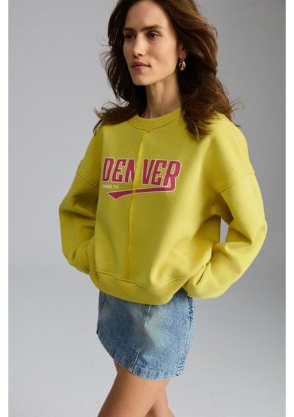 Daleska Kadın Organik Pamuklu Yumuşacık Önü Kesikli Baskılı Yuvarlak Yaka Yeşil Sweatshirt fiyatları