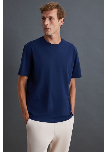 Solo Erkek %100 Organik Pamuklu Kalın Dokulu Comfort Fit Bisiklet Yakalı Lacivert T-shirt