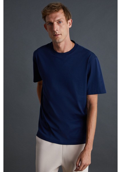 Solo Erkek %100 Organik Pamuklu Kalın Dokulu Comfort Fit Bisiklet Yakalı Lacivert T-shirt