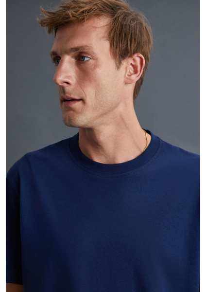 Solo Erkek %100 Organik Pamuklu Kalın Dokulu Comfort Fit Bisiklet Yakalı Lacivert T-shirt