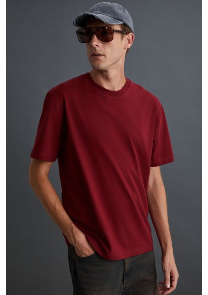 Solo Erkek Süprem %100 Organik Pamuklu Kalın Dokulu Comfort Fit Bordo T-shirt