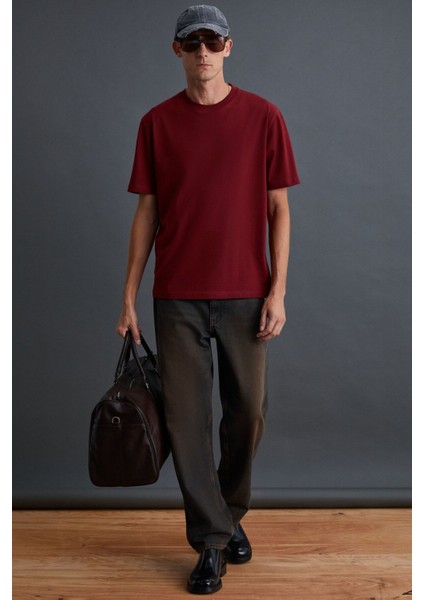 Solo Erkek Süprem %100 Organik Pamuklu Kalın Dokulu Comfort Fit Bordo T-shirt