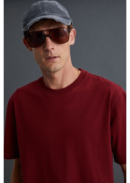 Solo Erkek Süprem %100 Organik Pamuklu Kalın Dokulu Comfort Fit Bordo T-shirt