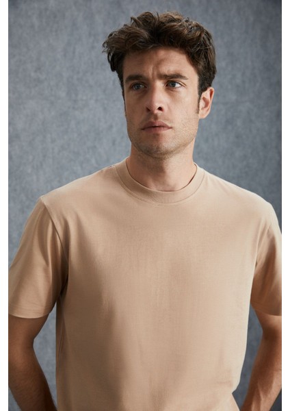 Solo Erkek Süprem %100 Organik Pamuklu Kalın Dokulu Comfort Fit Bej T-shirt