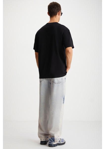 Jake Erkek %100 Organik Pamuklu Kalın Dokulu Kumaş Baskı Detaylı Oversize Siyah T-shirt