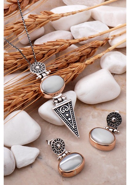 Sedef Taşlı Antik Tasarım Gümüş Set 2492