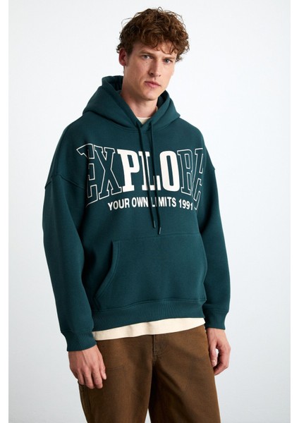 Oksaka Erkek Pamuk-Polyester Kapüşonlu Oversize Yeşil Sweatshirt modelleri