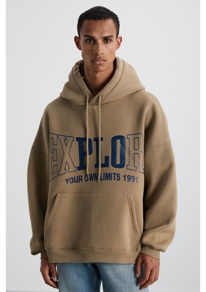 OKSAKA Erkek Pamuk-Polyester Kapüşonlu Oversize Vizon Sweatshirt