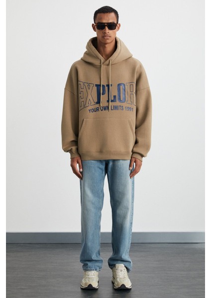 OKSAKA Erkek Pamuk-Polyester Kapüşonlu Oversize Vizon Sweatshirt fiyatları