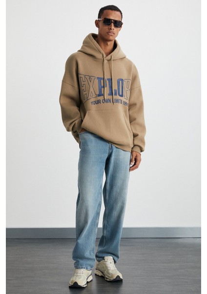 OKSAKA Erkek Pamuk-Polyester Kapüşonlu Oversize Vizon Sweatshirt indirimleri