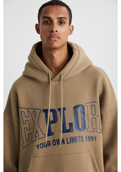 OKSAKA Erkek Pamuk-Polyester Kapüşonlu Oversize Vizon Sweatshirt
