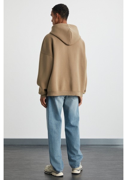 OKSAKA Erkek Pamuk-Polyester Kapüşonlu Oversize Vizon Sweatshirt