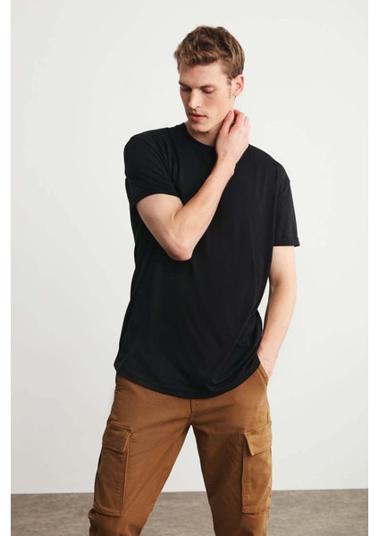 Oscar Erkek Comfort Fit Uzun Dökümlü Kumaş Siyah T-shirt modelleri