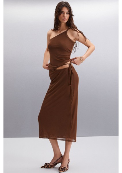 PASCALE Kadın %100 Polyester Asimetrik Yaka Slim Kahverengi Bluz fiyatları