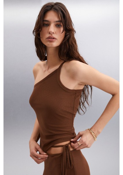 PASCALE Kadın %100 Polyester Asimetrik Yaka Slim Kahverengi Bluz indirimleri