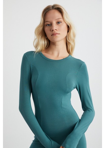 Nuvıa Kadın Viscon Yuvarlak Yaka Slim Fit Yeşil Elbise