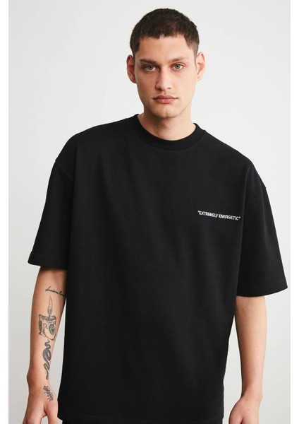 Pasto Erkek Nakışlı Oversize Siyah T-Shirt