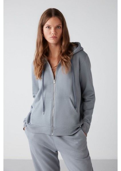 Carlota Kadın Içi Polarlı Organik Kumaşlı Metal Fermuarlı Kapüşonlu Yumuşacık Mavi Sweatshirt