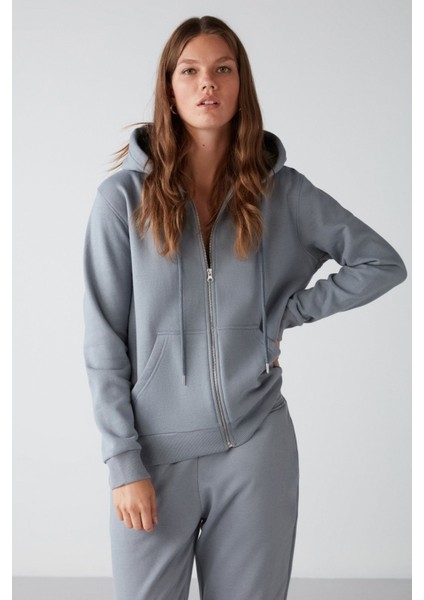 Carlota Kadın Içi Polarlı Organik Kumaşlı Metal Fermuarlı Kapüşonlu Yumuşacık Mavi Sweatshirt indirimleri