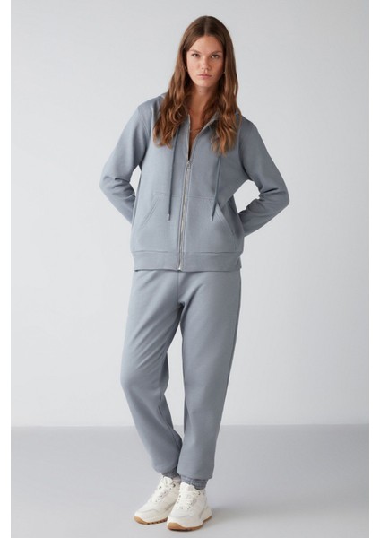 Carlota Kadın Içi Polarlı Organik Kumaşlı Metal Fermuarlı Kapüşonlu Yumuşacık Mavi Sweatshirt