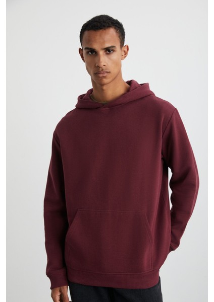 CARTMEL Erkek Örme 3 İplik Relaxed Fit Rahat Kalıp Kanguru Cepli Kapüşonlu Bordo Sweatshirt
