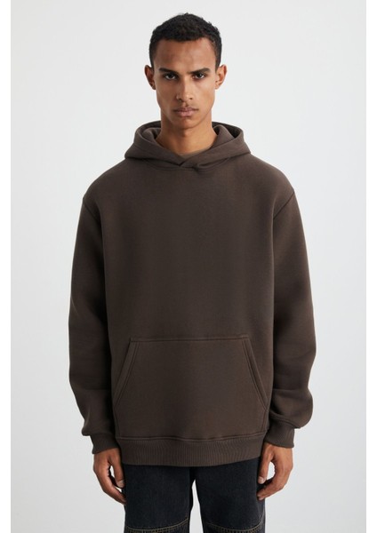 Cartmel Erkek Örme 3 Iplik Relaxed Fit Rahat Kalıp Kanguru Cepli Kapüşonlu Kahverengi Sweatshirt