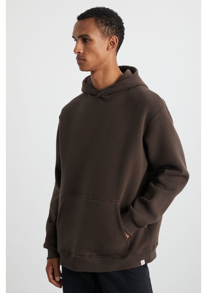 Cartmel Erkek Örme 3 Iplik Relaxed Fit Rahat Kalıp Kanguru Cepli Kapüşonlu Kahverengi Sweatshirt modelleri