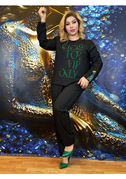 Bluz Pantolon 3 Pamuk Ipliği Yüksek Kalite Taşli Işlemeli Deri Kaplamalı Kollar Cepli Fermuarl