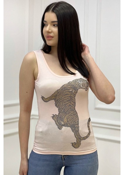 Leopar Crystal Taş Baskılı Dar Kesim / Slim Fit Pamuk Kadın Kolsuz Tshirt Kalın Askılı Atlet