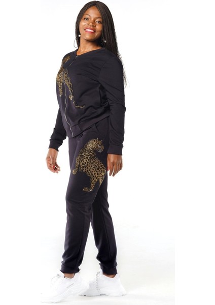 Lacivert Kaplan Crystal Taşlı Büyük Beden Kadın Iki Iplik Pamuk Fermuarlı Eşofman Takımı