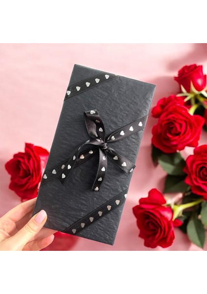 Gümüş Kalp Baskılı Siyah Saten Şerit Kurdele, 1.5 cm Saten Kurdele, 3 Metre
