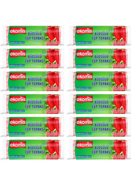 Çilek Kokulu Büzgülü Çöp Torbası Orta Boy 10'lu (12 Paket)