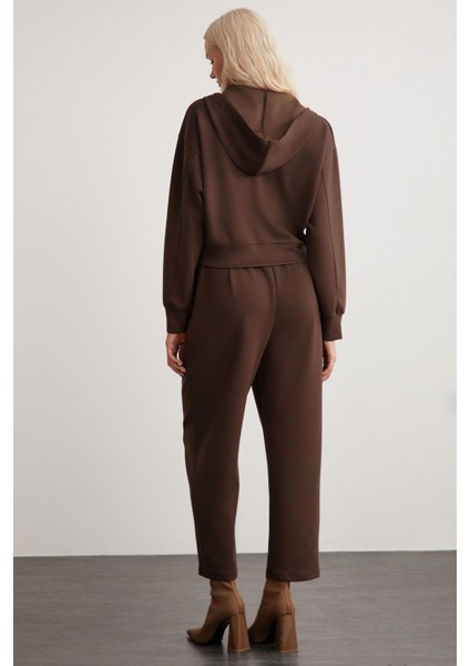 Jıll Kadın Relaxed Fit Rahat Kalıp Kapüşonlu Fermuarlı Örme Crop Kahverengi Sweatshirt indirimleri