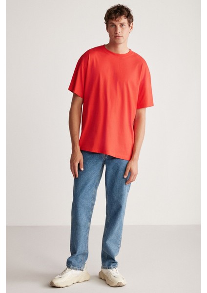 Jett Erkek Oversize Fit %100 Pamuk Kalın Dokulu Kırmızı T-shirt
